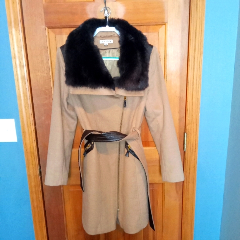 Via Spiga tan wool blend winter jacket faux fur size 12
